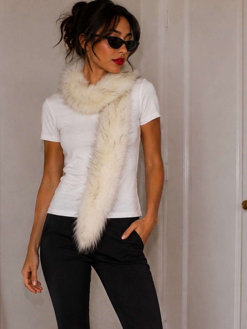 AMO Cream Plush Faux Fur Scarf